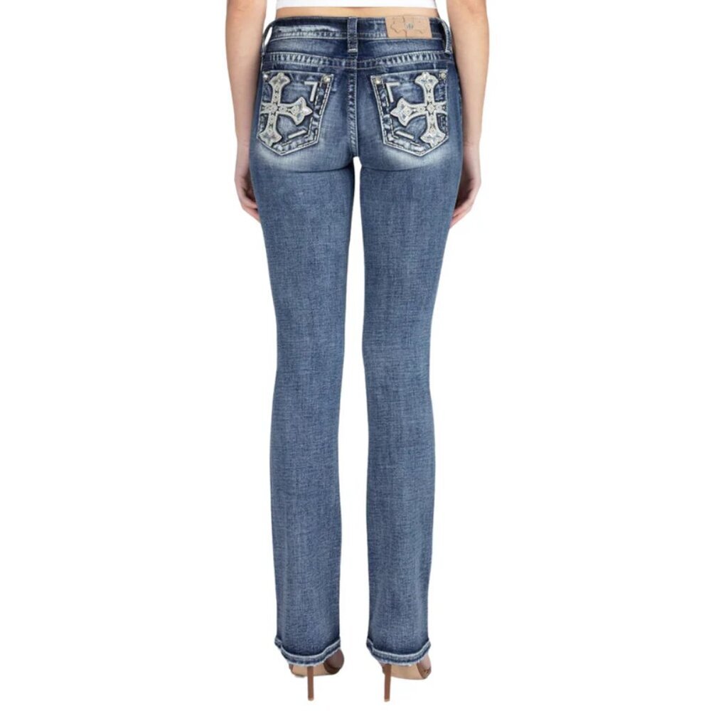 Miss Me, Winter Cross Embellished Pocket Mid-Rise Bootcut Jeans